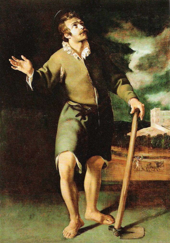 Saint Isidore, barefoot in a laborer's smock and breeches, leaning on a hoe and looking up toward the sky, while in the field behind him a small angel drives a team of oxen at the plow.