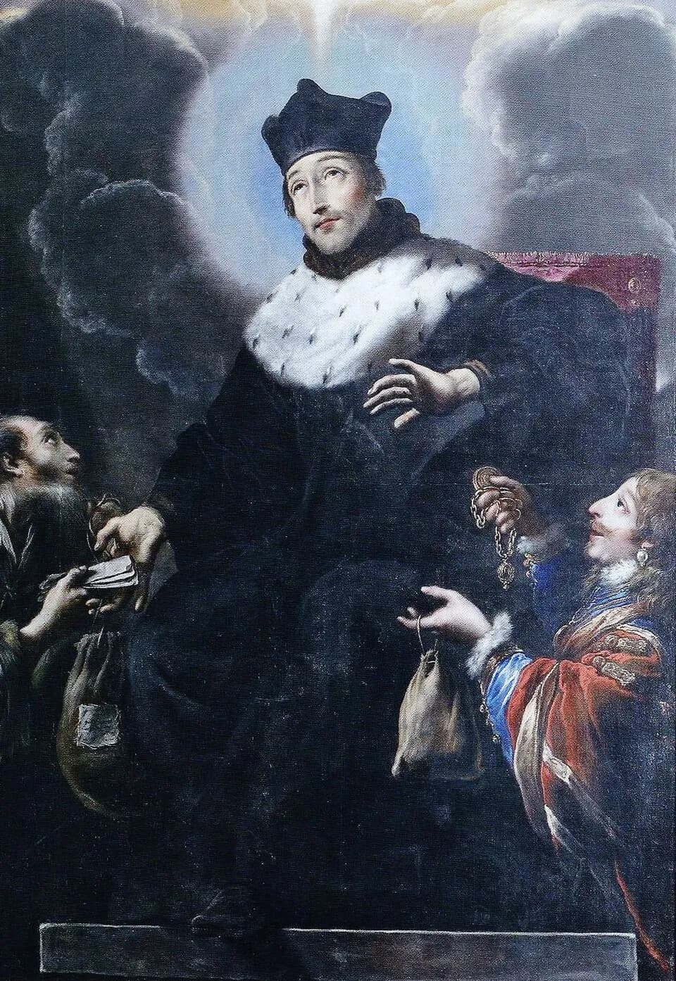 A priest in a black cap and an ermine-trimmed black robe looks upward into the light, one hand resting on papers held up by a ragged old man at his side, while a richly dressed young man at his left holds out a gold chain and a purse