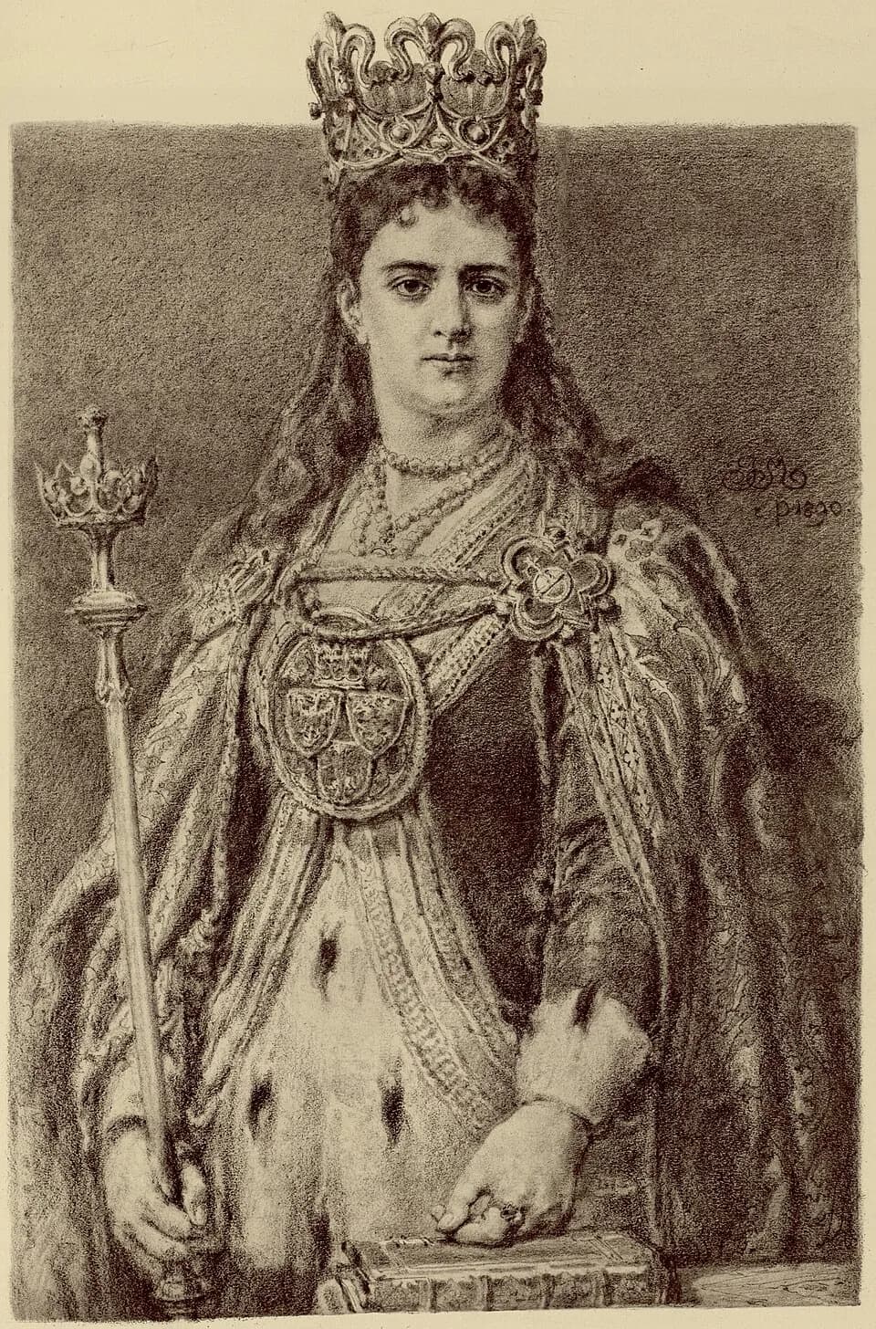 Sepia drawing of Queen Jadwiga standing in a tall crown and an ermine-lined royal mantle, holding a sceptre in her right hand and resting her left hand on a closed book