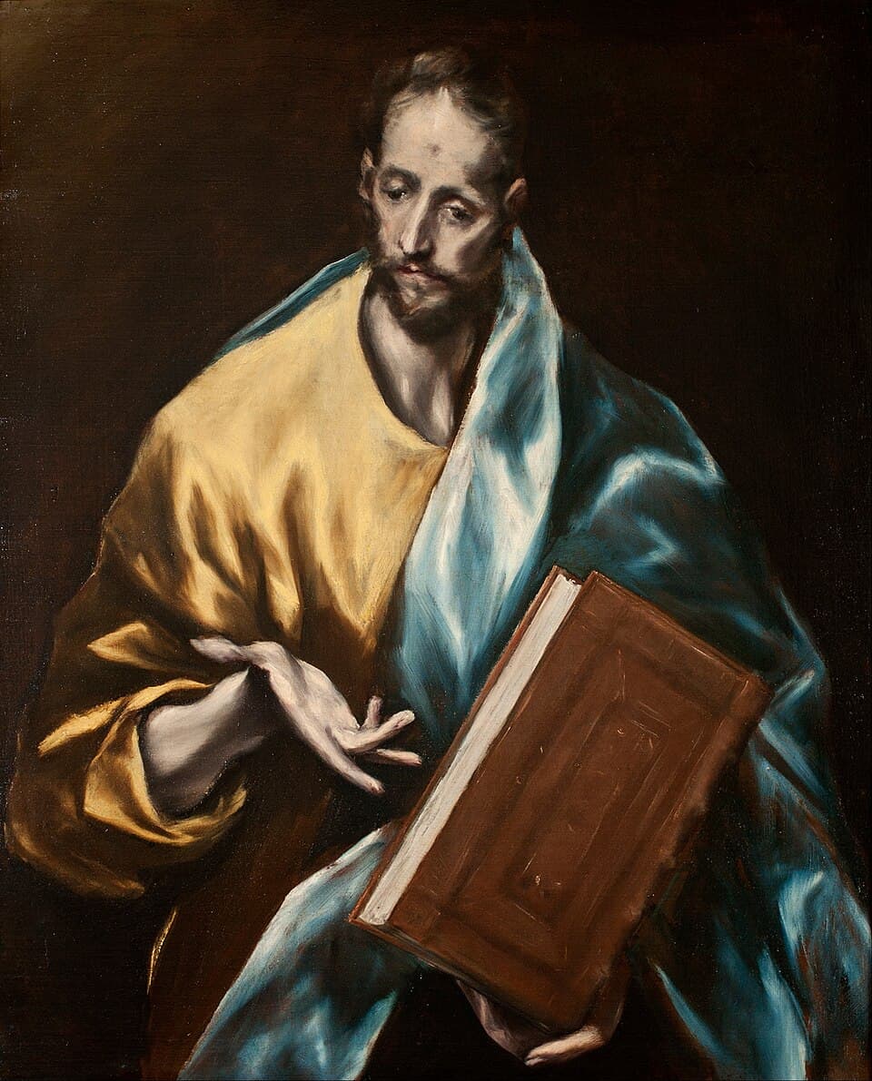 Saint James the Less as a bearded man in a yellow robe and blue cloak, looking down at a large closed book held in his left arm, painted by El Greco
