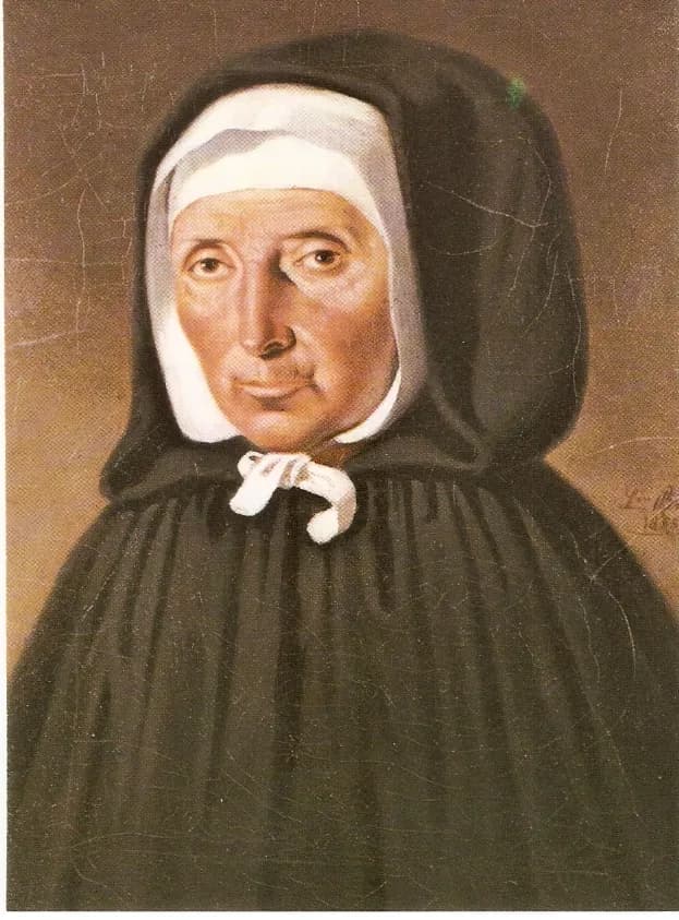 A painted portrait of Jeanne Jugan as an older woman, in a white cap under a black hooded cloak tied at the neck with a white bow, looking toward the viewer against a brown background