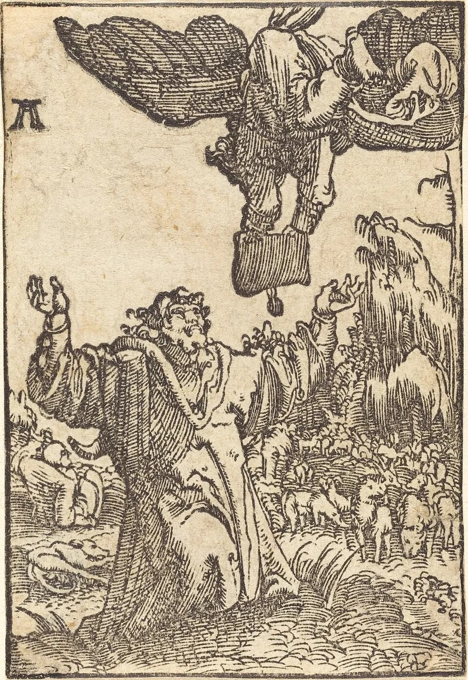 Un hombre barbado arrodillado en un pastizal rocoso, con los brazos alzados hacia un ángel que desciende de las nubes, y un rebaño de ovejas y cabras detrás de él