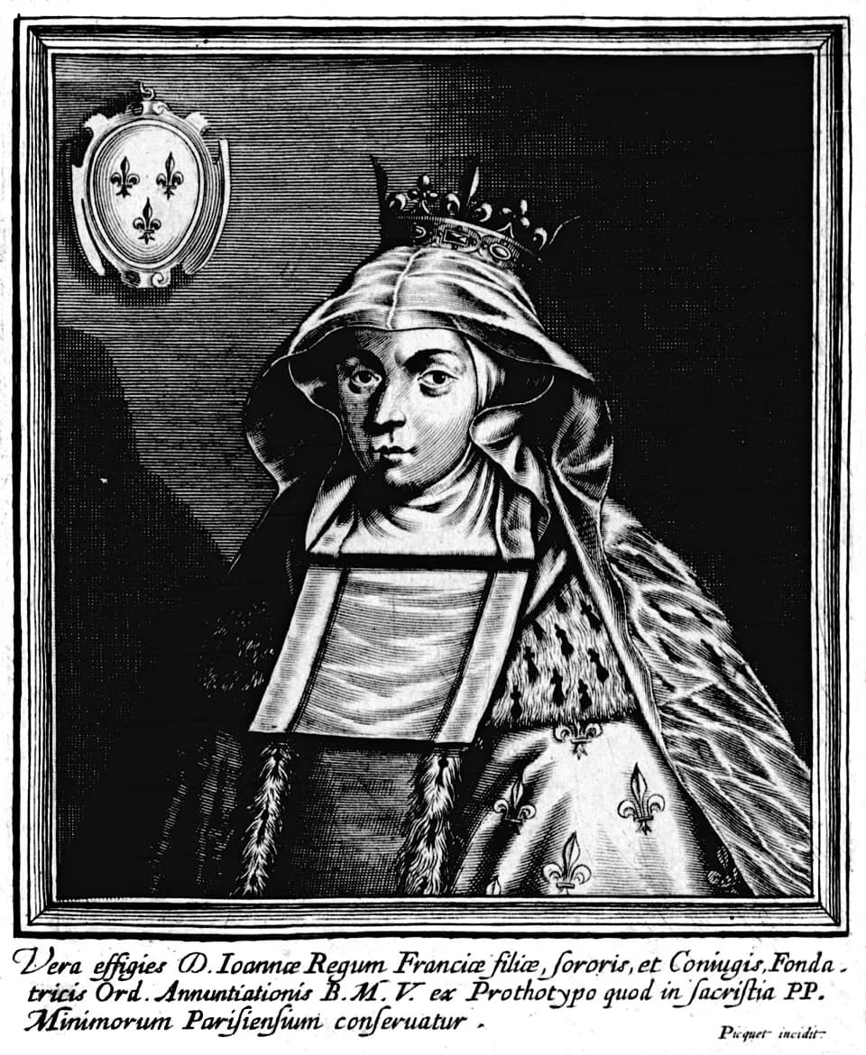 Seventeenth-century engraved portrait of a woman in a hood and veil topped with a small crown, wearing an ermine-lined mantle sewn with fleurs-de-lis, with a shield of three fleurs-de-lis hanging behind her and a Latin caption beneath