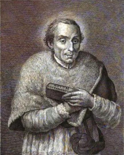 Engraved half-length portrait of a priest with a faint halo, wearing a canon's fur cape over a surplice and holding a closed book lettered Novum Testamentum against his chest