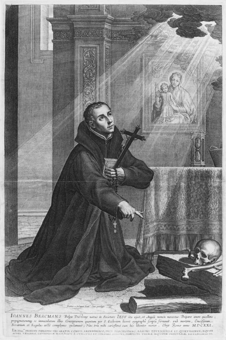 An engraving of Saint John Berchmans in a Jesuit cassock and cloak, kneeling at a table and looking up at a picture of the Virgin and Child, holding a crucifix, a small book and a rosary, with a skull on the floor beside him