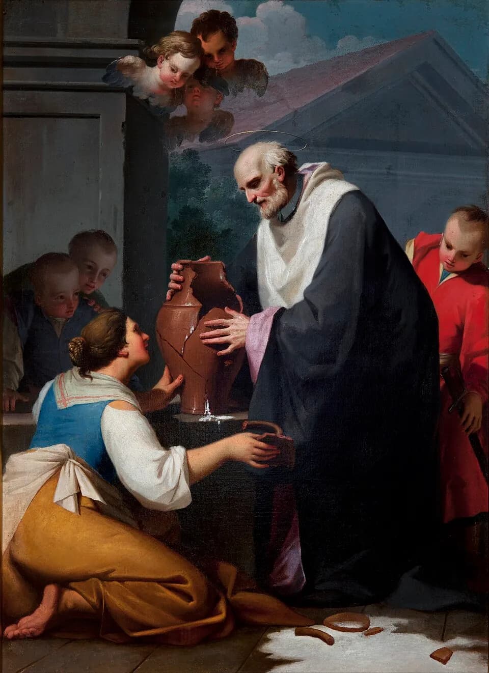 An elderly bearded priest with a halo, in a dark gown and white scarf, presses together the pieces of a cracked clay jug held up by a young woman kneeling before him, while children watch and cherubs look down from the clouds