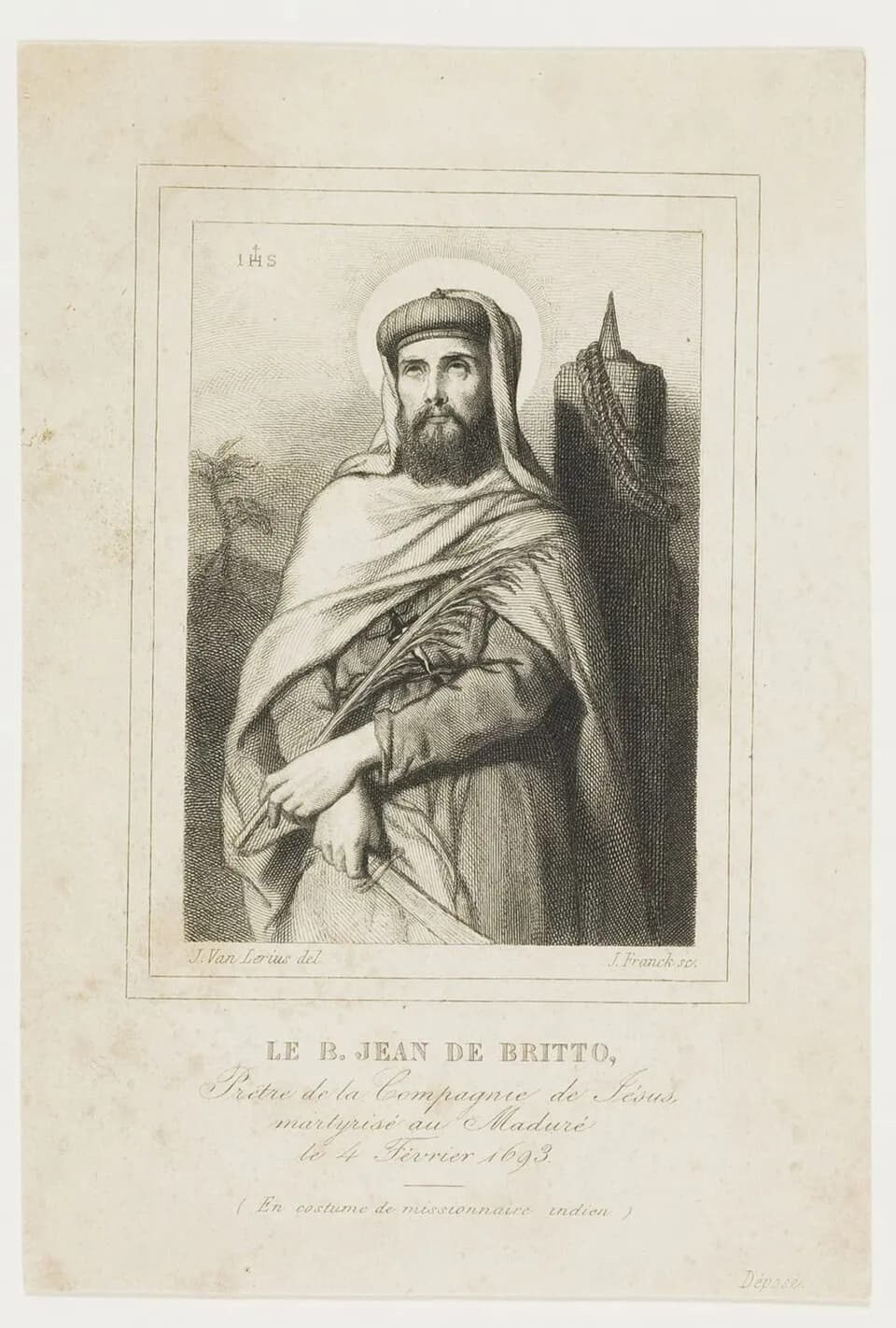 Nineteenth-century etching of a bearded man with a halo, wearing a turban and a long cloak over a robe, holding a palm branch and a curved sword, with a stake behind him and a French caption naming him as Blessed Jean de Britto, martyred in Madura on February 4, 1693