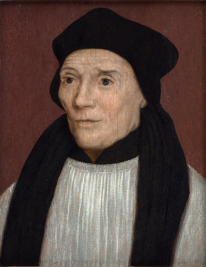 A painted portrait of Saint John Fisher as a gaunt elderly man in a black cap and black tippet over a white rochet, looking slightly away from the viewer