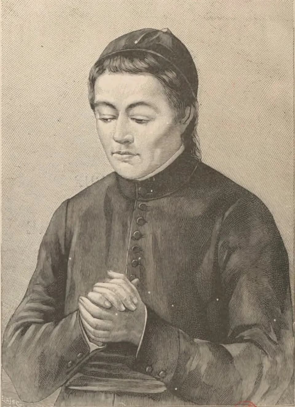 Engraved half-length portrait of a young priest in a skullcap and buttoned cassock, his eyes lowered and his hands clasped in front of him
