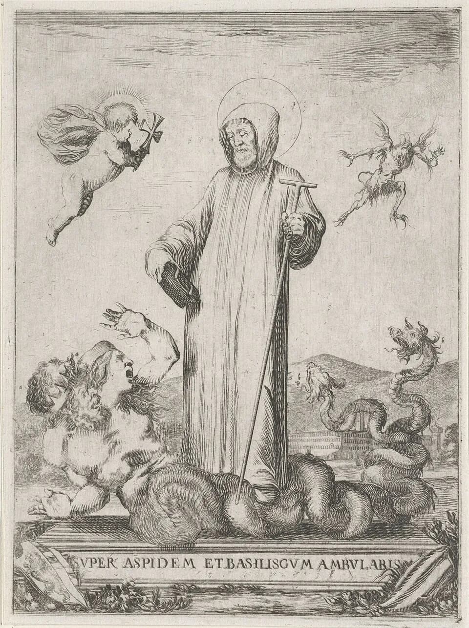 Etching of a bearded monk with a halo and a hood standing with a T-shaped staff and a book on the coiled tail of a monster with two human heads; a cherub carrying a cross flies at left, a small demon flees at right, and a Latin inscription runs along the plinth below
