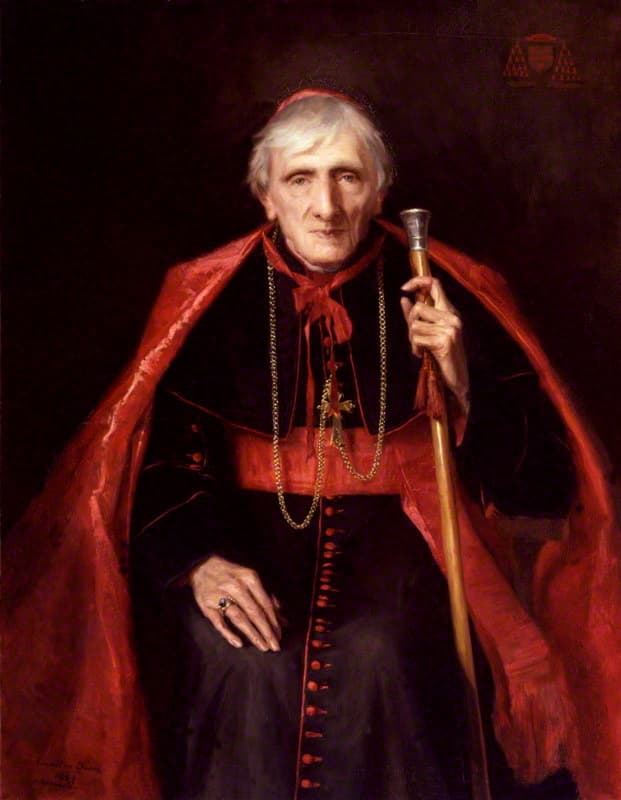 Cardinal John Henry Newman as an old man, seated in a red mozzetta over a black cassock with a gold chain and pectoral cross, holding a cane, painted by Emmeline Deane