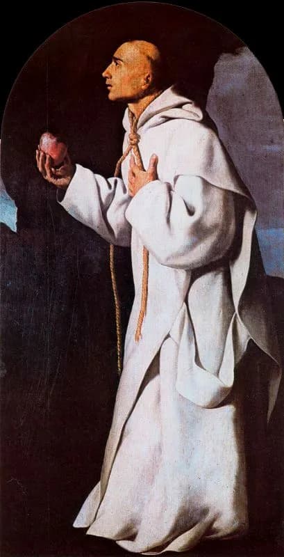 Painting of a tonsured Carthusian monk in a white habit, seen in profile against a dark background, with a rope around his neck, one hand on his chest and the other holding up a heart