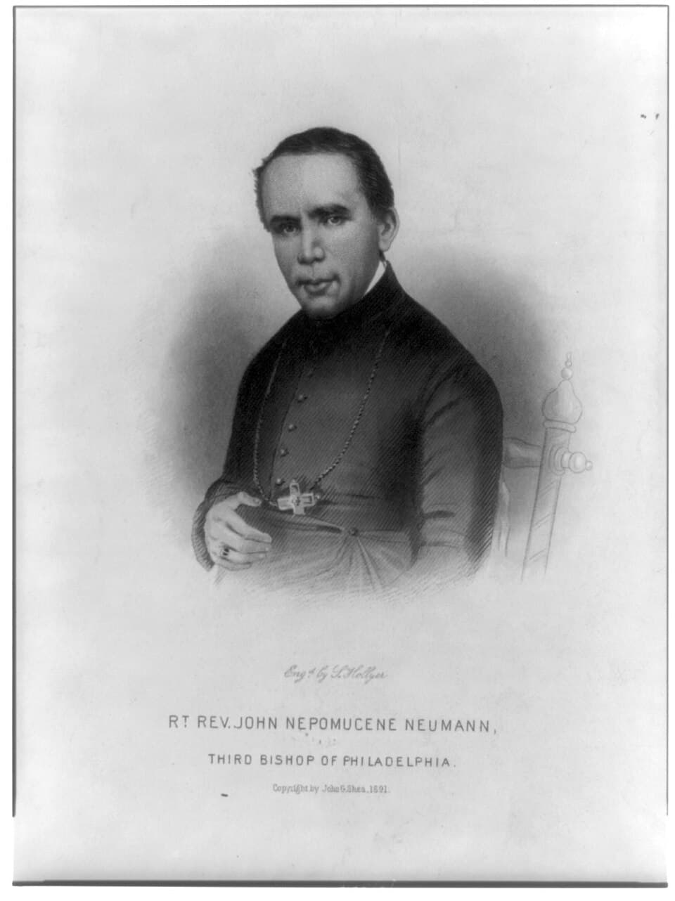 Engraved portrait of a seated bishop in a dark cassock with a pectoral cross on a chain, one hand resting on his lap, beside the carved back of a wooden chair