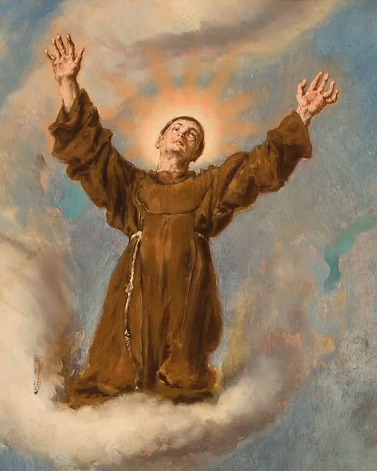 Detail of an oil painting: a Franciscan friar in a brown habit and rope belt kneels on a cloud with both arms raised, his face turned up toward a burst of light