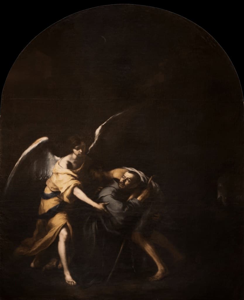 A dark painting of Saint John of God bent double under the weight of a sick man he is carrying on his back, while a winged angel steadies him and lights the way