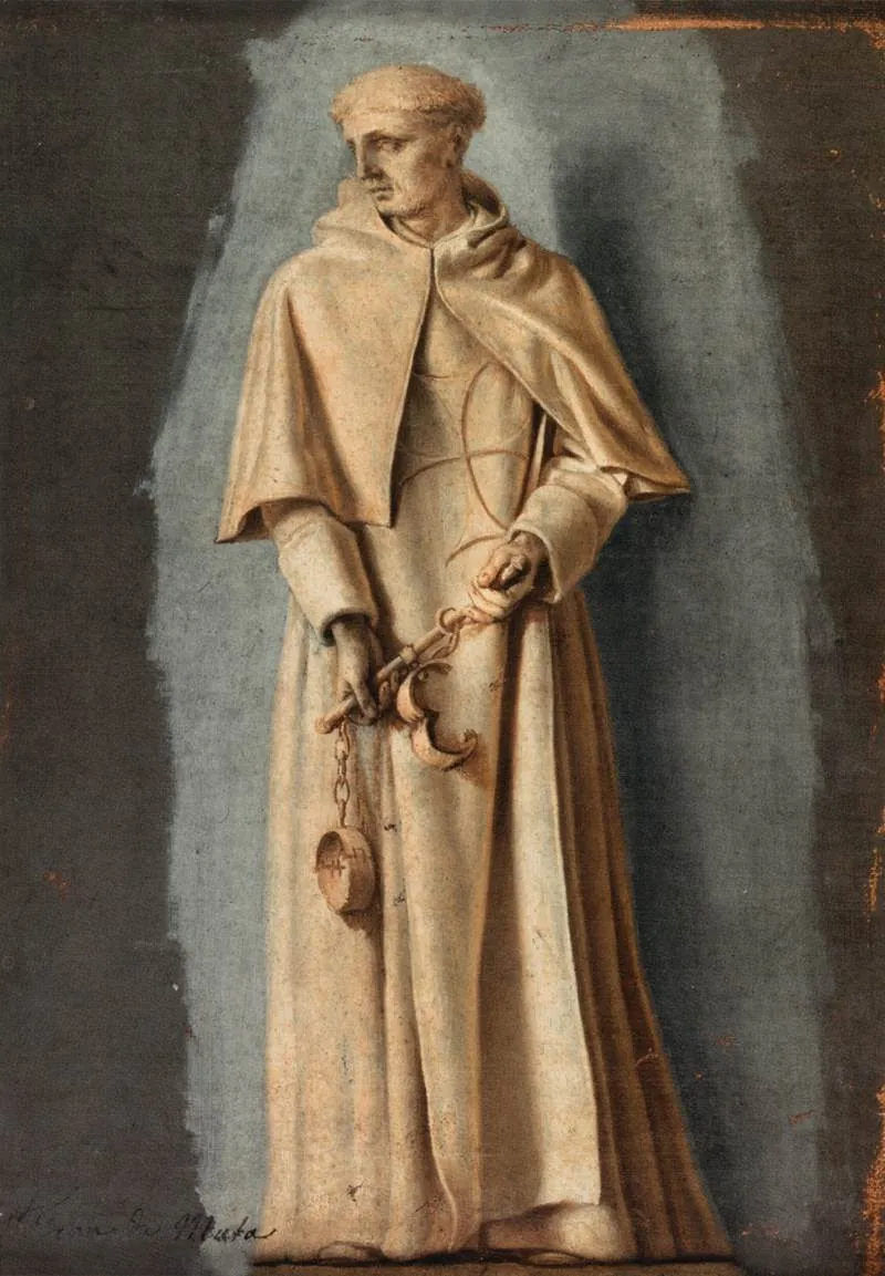 Seventeenth-century monochrome painting of a tonsured friar standing in a long pale habit and short hooded cape, a cross on his scapular, looking down to one side and holding a set of iron fetters with a chain