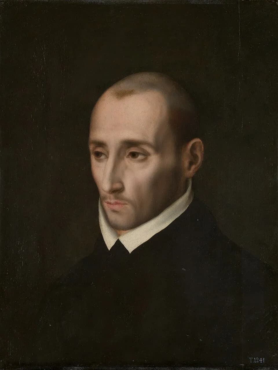 Bust-length portrait of a young clergyman with a shaved head and a thin beard, in a black cassock with a white collar, his face turned to the left and his eyes lowered against a dark background
