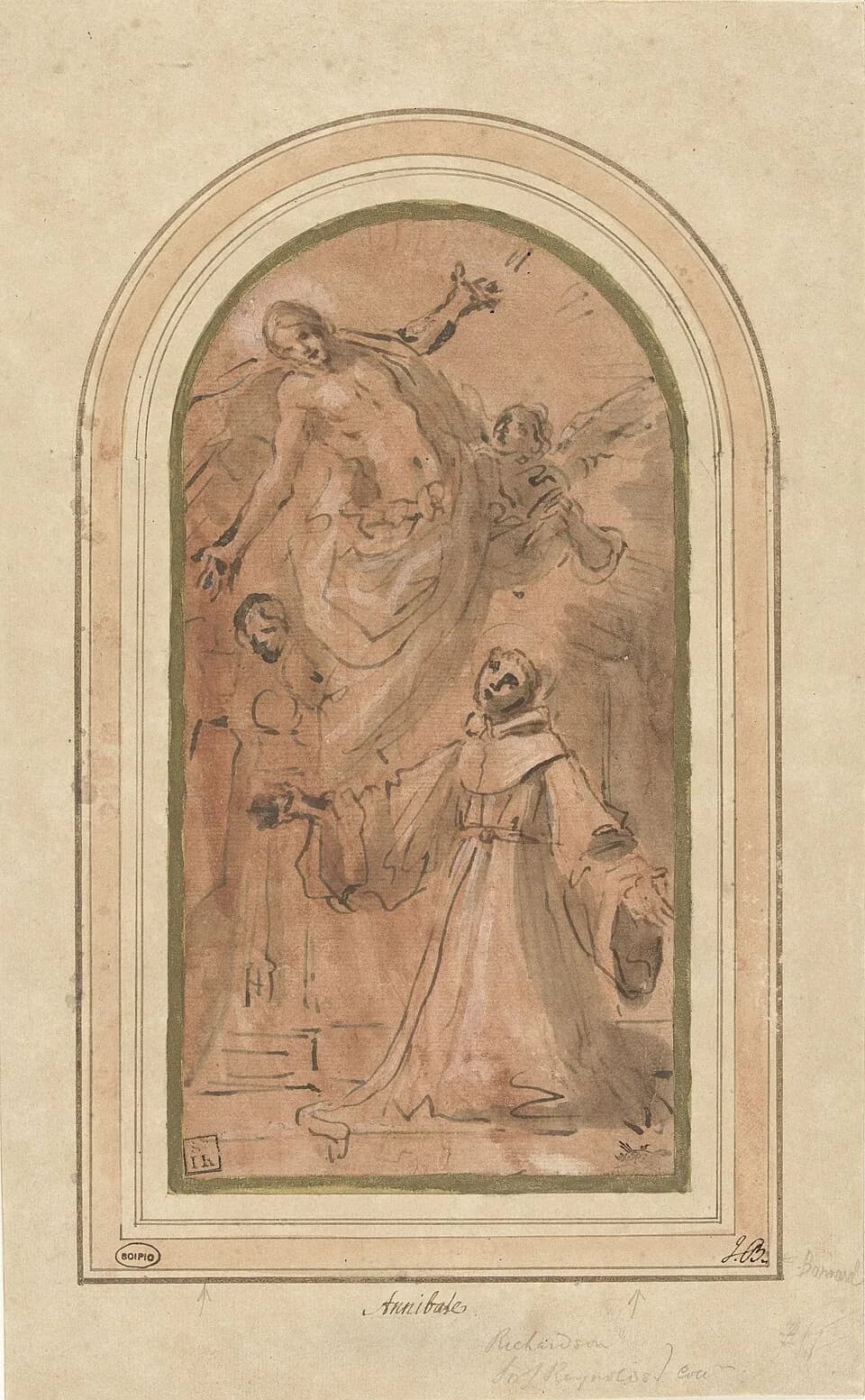 Pen and wash drawing on pink paper of a friar in a hooded habit kneeling with his arms open and face raised toward Christ, who appears above him in the clouds with an angel, inside an arched border