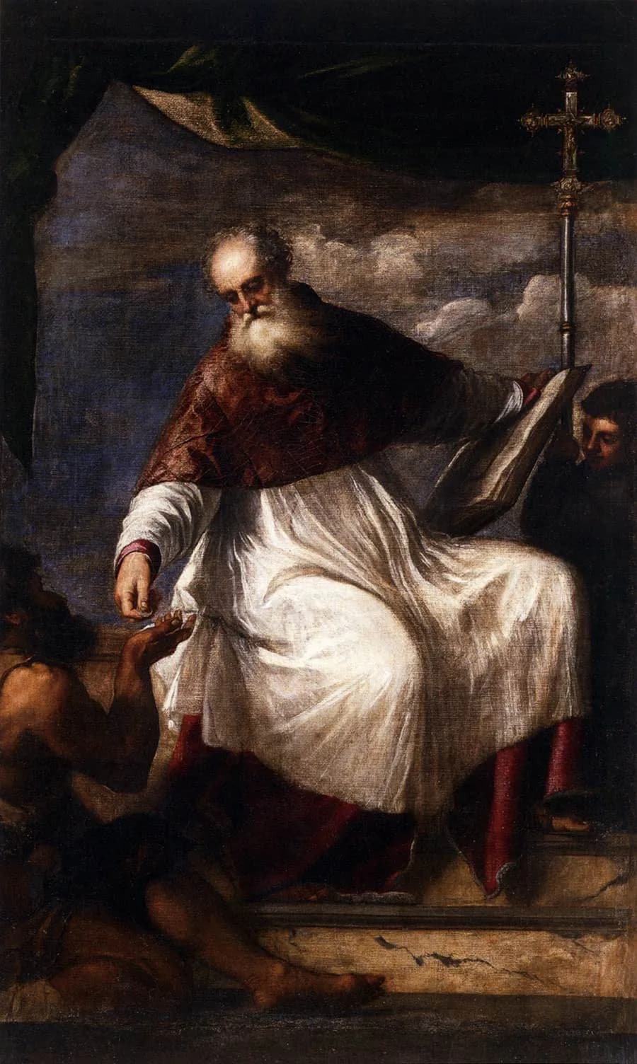 Painting of a white-bearded bishop in a white rochet and dark red cape, seated on a raised step with an open book held at his side, leaning down to drop coins into the hand of a half-naked beggar at lower left, while a boy behind him holds a tall processional cross