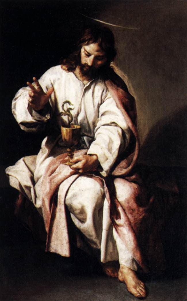 Saint John the Evangelist seated in a white robe, blessing a gold chalice from which a small serpent rises, painted by Alonso Cano