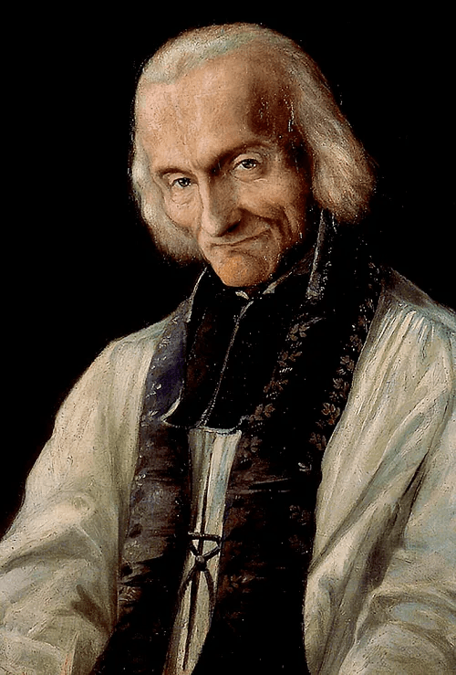 Saint John Vianney as an old man in a white surplice and dark stole, his long grey hair to his shoulders, painted by George Desvallières