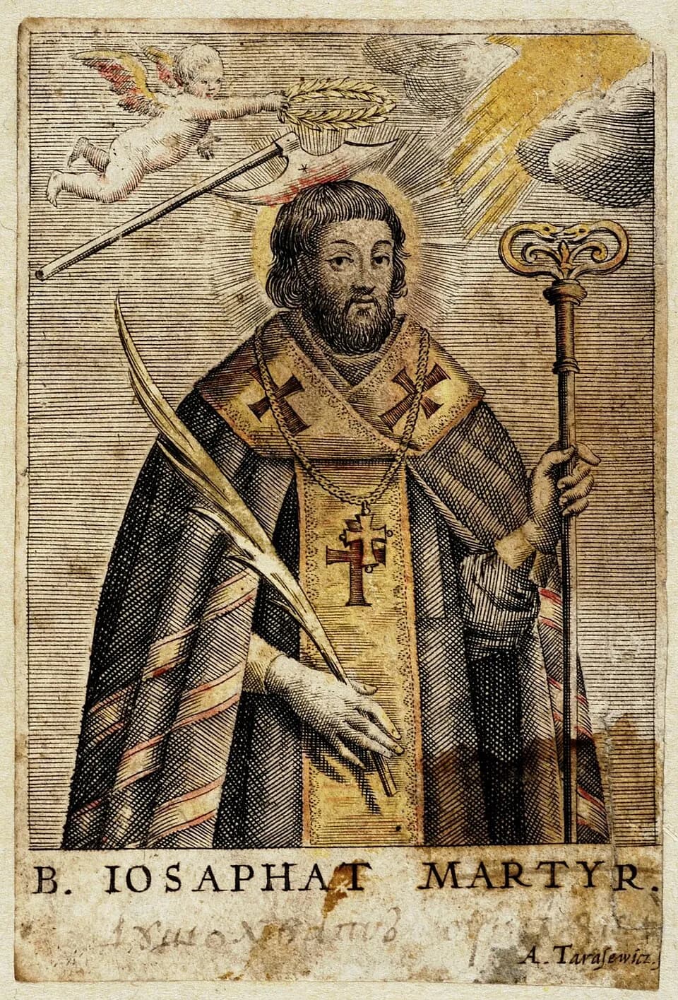 A hand-colored engraving of a bearded bishop in Eastern vestments with a cross on his breast, holding a martyr's palm and a crozier, while a cherub above him carries a palm and an axe and light breaks through the clouds