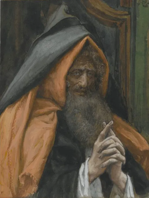 Watercolor of an old man with a long gray beard and a lined, anxious face, his head covered by a dark hood over an orange mantle, his hands clasped together in front of his chest