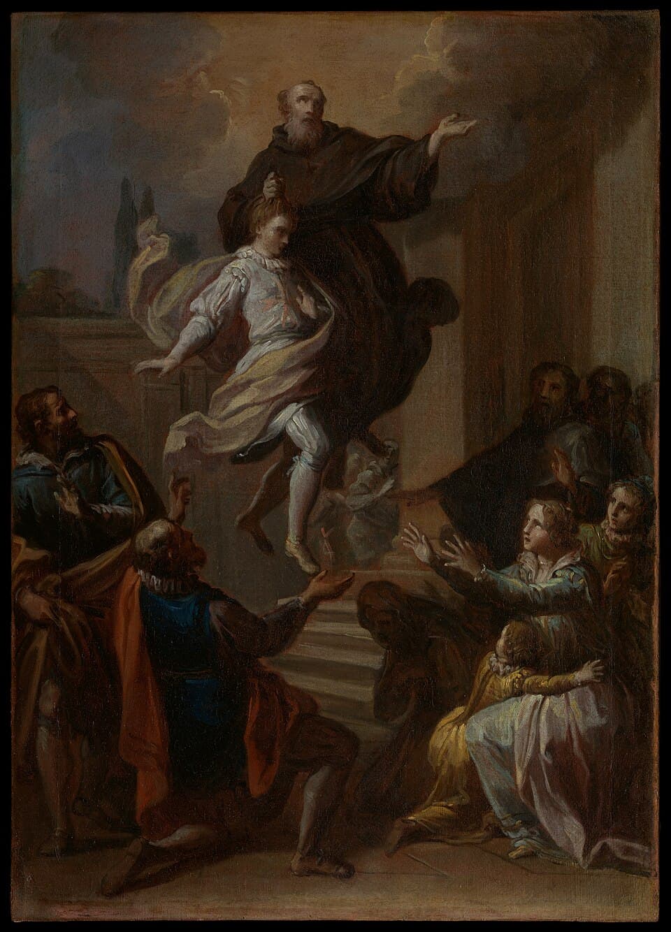 A painting of Saint Joseph of Cupertino in the brown Franciscan habit, lifted off the steps of a church with one arm raised, holding up a young man in white, while a crowd below reaches toward them