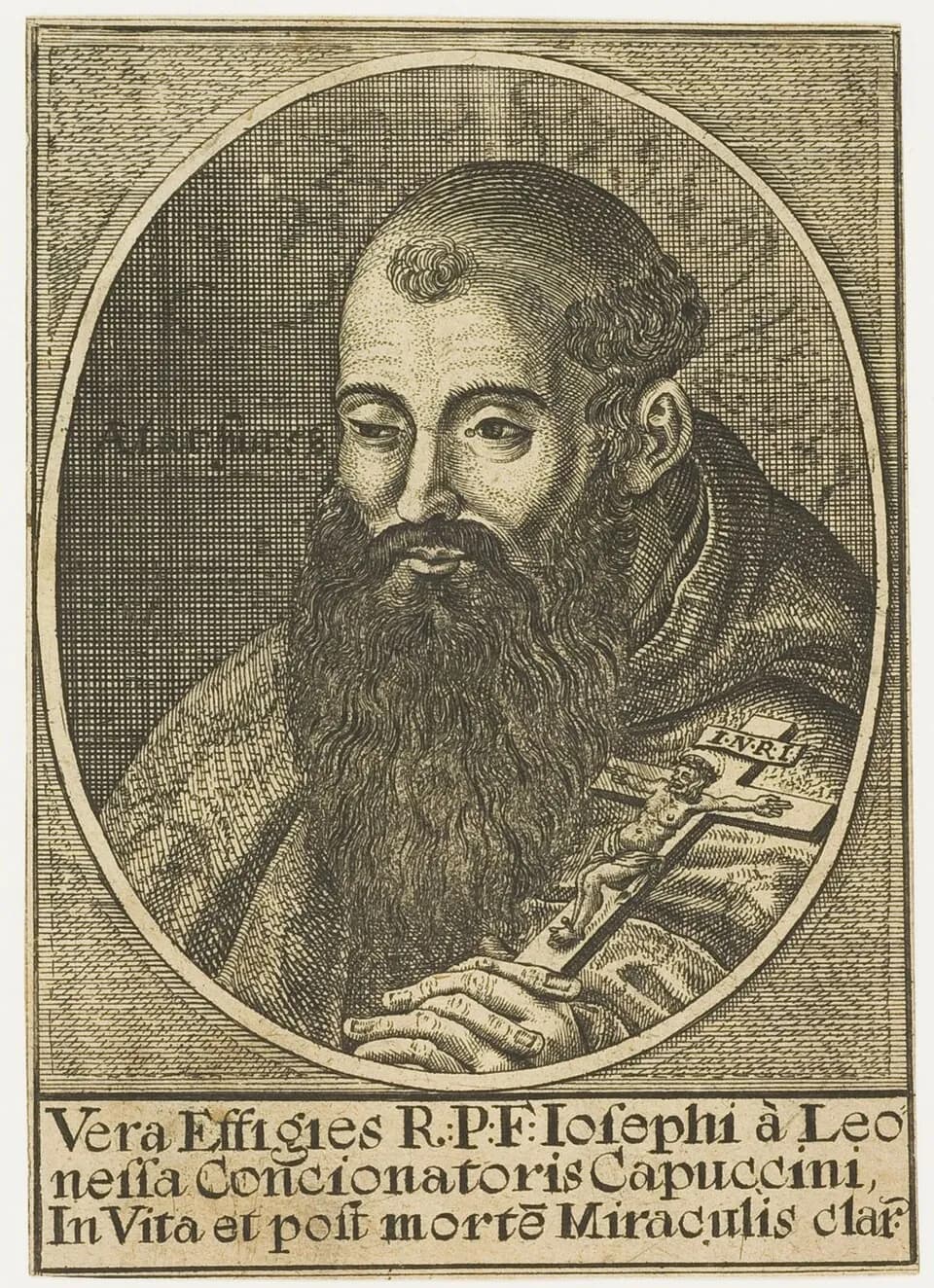 Old engraving of a bald Capuchin friar with a long full beard, shown half-length in an oval frame with his hands folded over a crucifix, above a Latin caption that names him as Joseph of Leonessa, Capuchin preacher