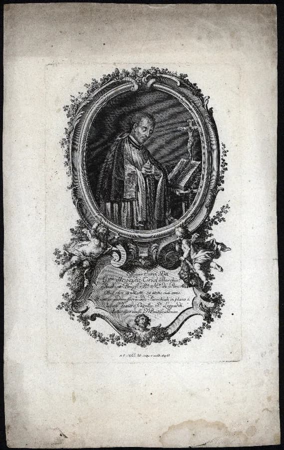 Old engraving on a worn sheet of paper: inside an oval rococo frame a priest in cassock, surplice and stole stands with hands joined and eyes lowered before a crucifix and an open book, with two cherubs and a Latin inscription naming Joseph Oriol of Barcelona beneath