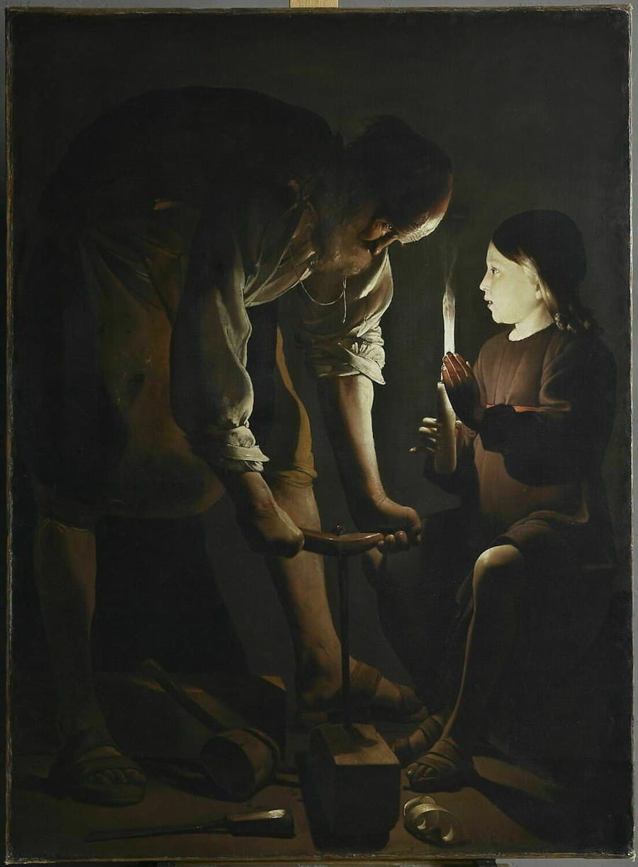 Saint Joseph the Carpenter working by candlelight with the boy Jesus, painted by Georges de La Tour