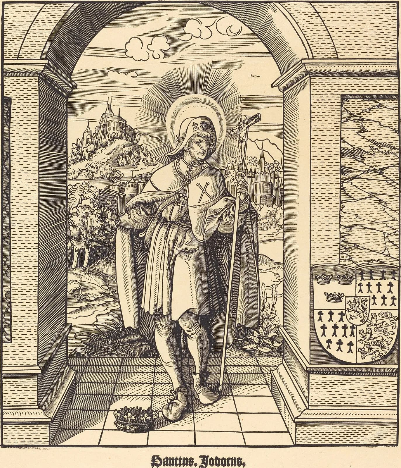 Grabado en madera de comienzos del siglo XVI: san Jodoco como peregrino con aureola, con sombrero de ala ancha adornado con insignias, esclavina y botas, un libro y un alto bordón rematado por un crucifijo, de pie bajo un arco de piedra con una corona en el suelo a sus pies, un escudo de armas en el muro y un paisaje con ciudades al fondo, con el rótulo Sanctus Jodocus