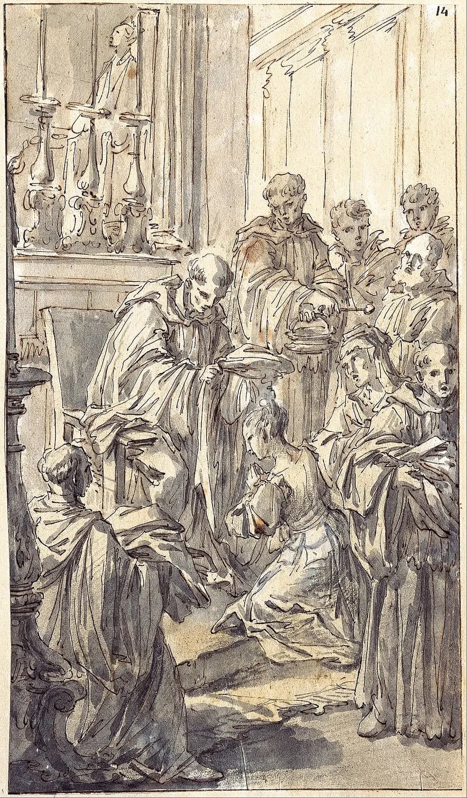 Pen and wash drawing of a young woman kneeling with clasped hands before an altar, while a friar bends to place a garment on her and other friars and a woman look on