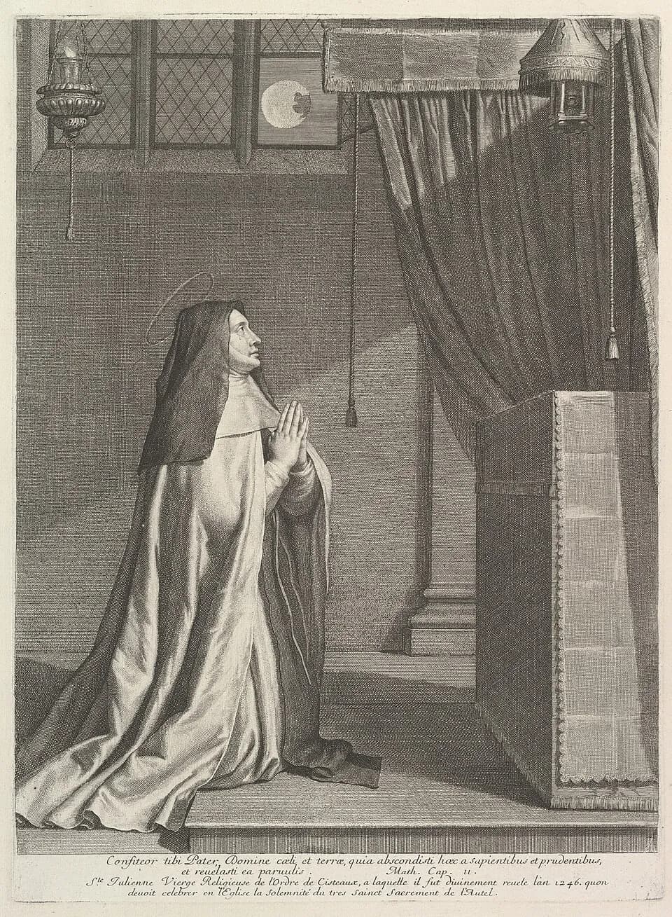 Seventeenth-century etching of a nun with a thin halo kneeling in profile with her hands joined before a draped altar, looking up at a window where a full moon shows a dark patch; a French caption below names her Saint Juliana and dates the revelation of the feast of the Blessed Sacrament to 1246