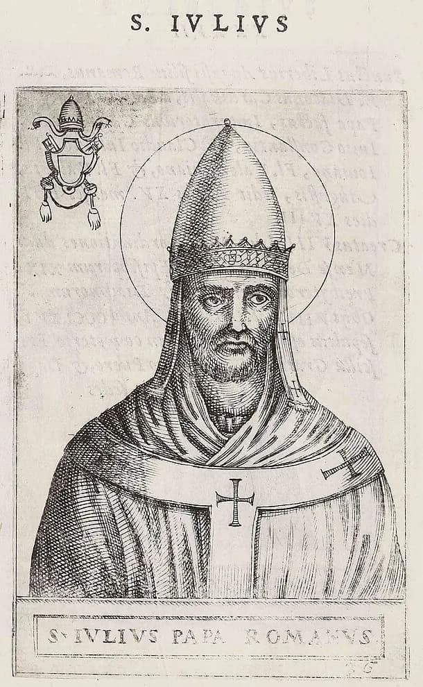 Sixteenth-century engraving of a bearded pope with a halo, wearing a tall conical tiara with a single crown, a hood and a pallium marked with crosses, shown half-length facing the viewer, a tiara and blank shield in the corner, under the heading S. Iulius and above the caption S. Iulius Papa Romanus