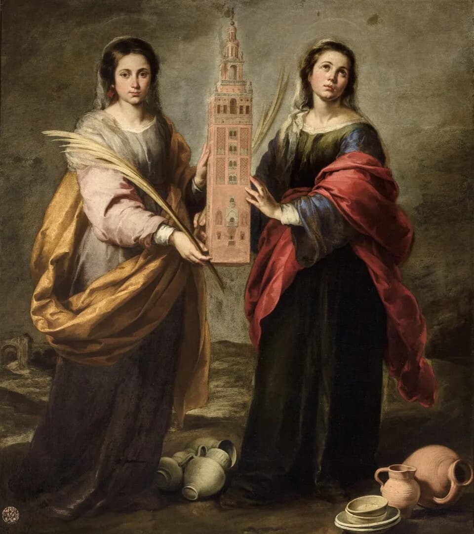 Painting of two young women standing side by side and holding a model of a tall brick bell tower between them, one in a gold cloak with a palm branch looking at the viewer, the other in a red cloak looking upward, with clay jugs and bowls on the ground at their feet
