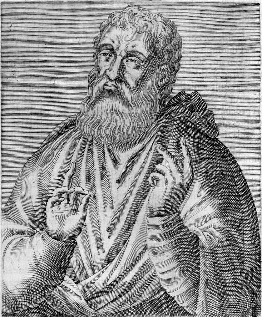 An engraved portrait of Saint Justin Martyr as a bearded man in a draped philosopher's cloak, both hands raised as though in the middle of an argument