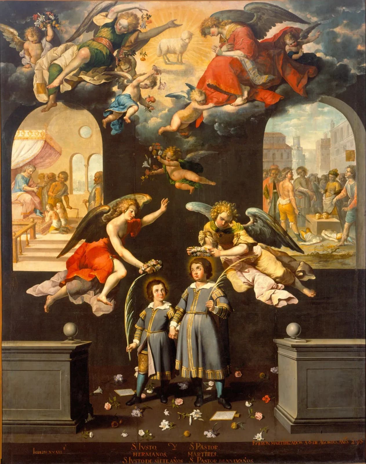 Baroque painting of two young boys with halos in gray tunics, holding hands and palm branches while two angels lower wreaths onto their heads; writing tablets lie on the flower-strewn floor, the Lamb of God shines among angels above, and scenes of a hearing before a seated ruler and of a beheading appear through arches on either side
