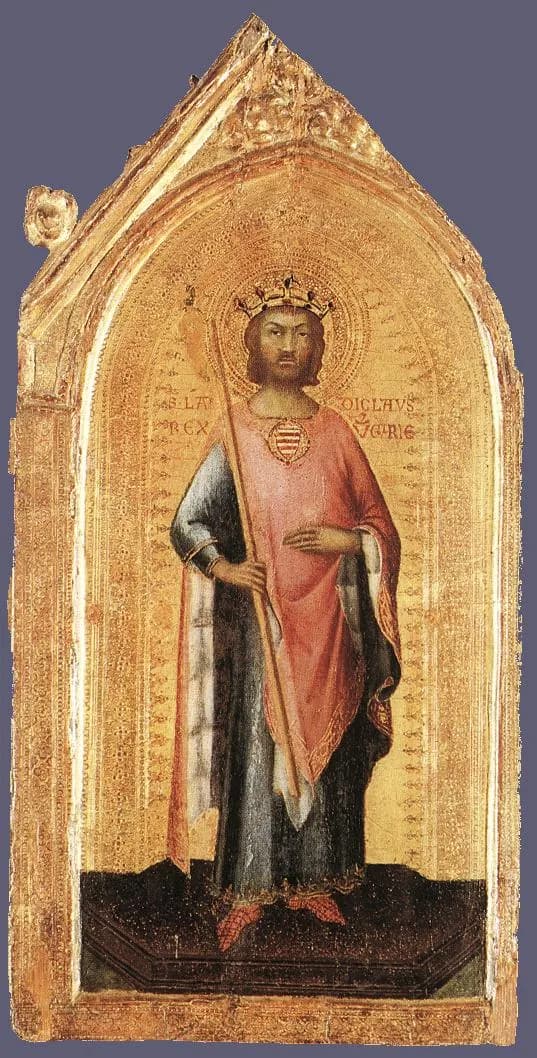 A fourteenth-century gold-ground panel of Saint Ladislaus standing crowned and haloed in a rose tunic under a dark blue cloak, holding a long scepter, with an inscription naming him King of Hungary