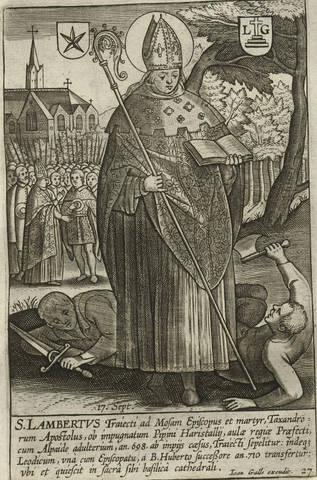 Seventeenth-century engraving of a haloed bishop in miter and cope holding a crozier and an open book, with two armed men fallen at his feet, a church and a crowd behind him, and a Latin caption beginning S. Lambertus