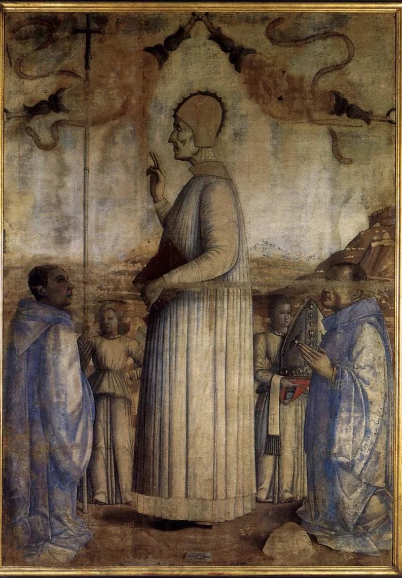 Worn tempera painting of a gaunt old man in profile with a thin halo and a close-fitting cap, wearing a pale pleated robe, raising his right hand in blessing and holding a book; two canons in blue-gray kneel in front and two small angels stand behind, one holding a mitre and one a processional cross