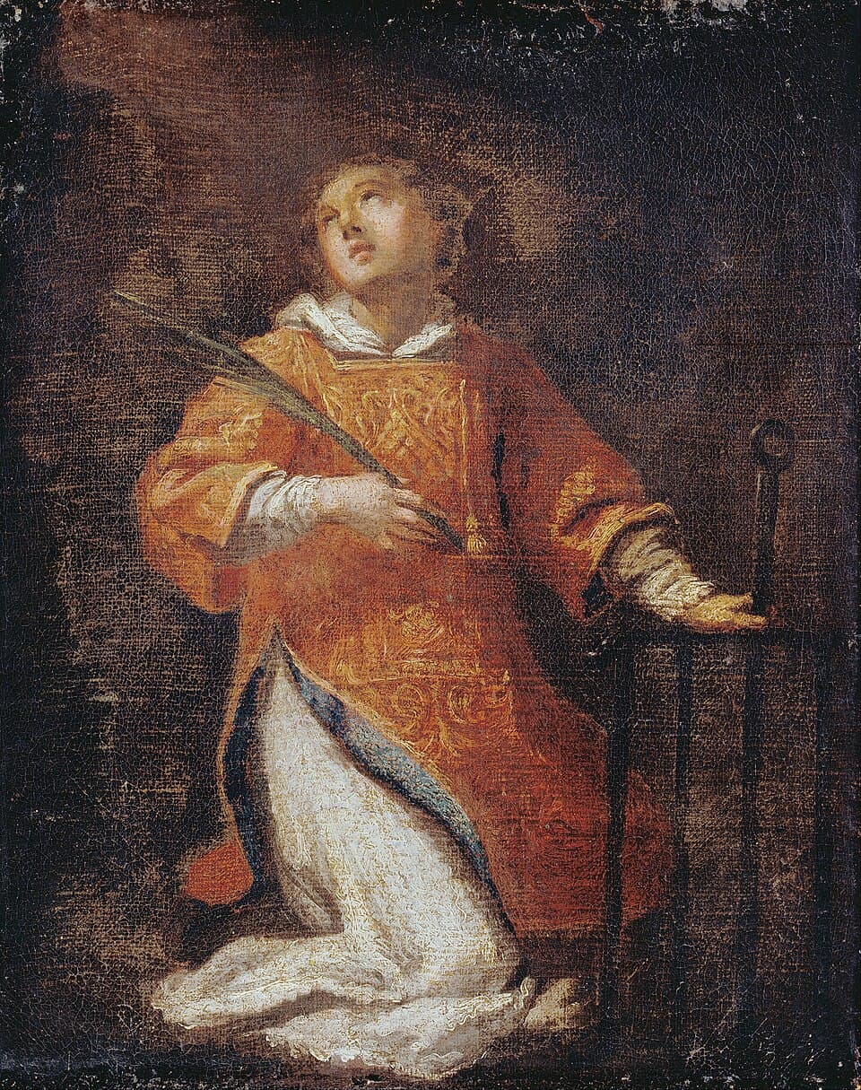 A painting of Saint Lawrence kneeling in a red and gold deacon's dalmatic over a white alb, holding a martyr's palm and looking upward, with an iron gridiron standing beside him