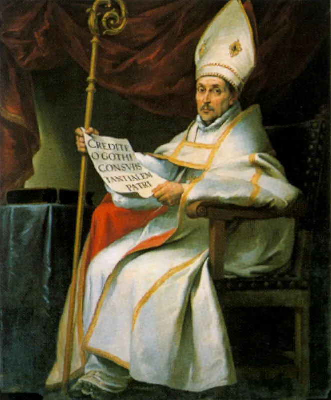 Painting of a bishop in white vestments and a white miter seated in an armchair before a red curtain, a gilded crozier in one hand and in the other a sheet lettered in Latin, Credite o Gothi consubstantialem Patri