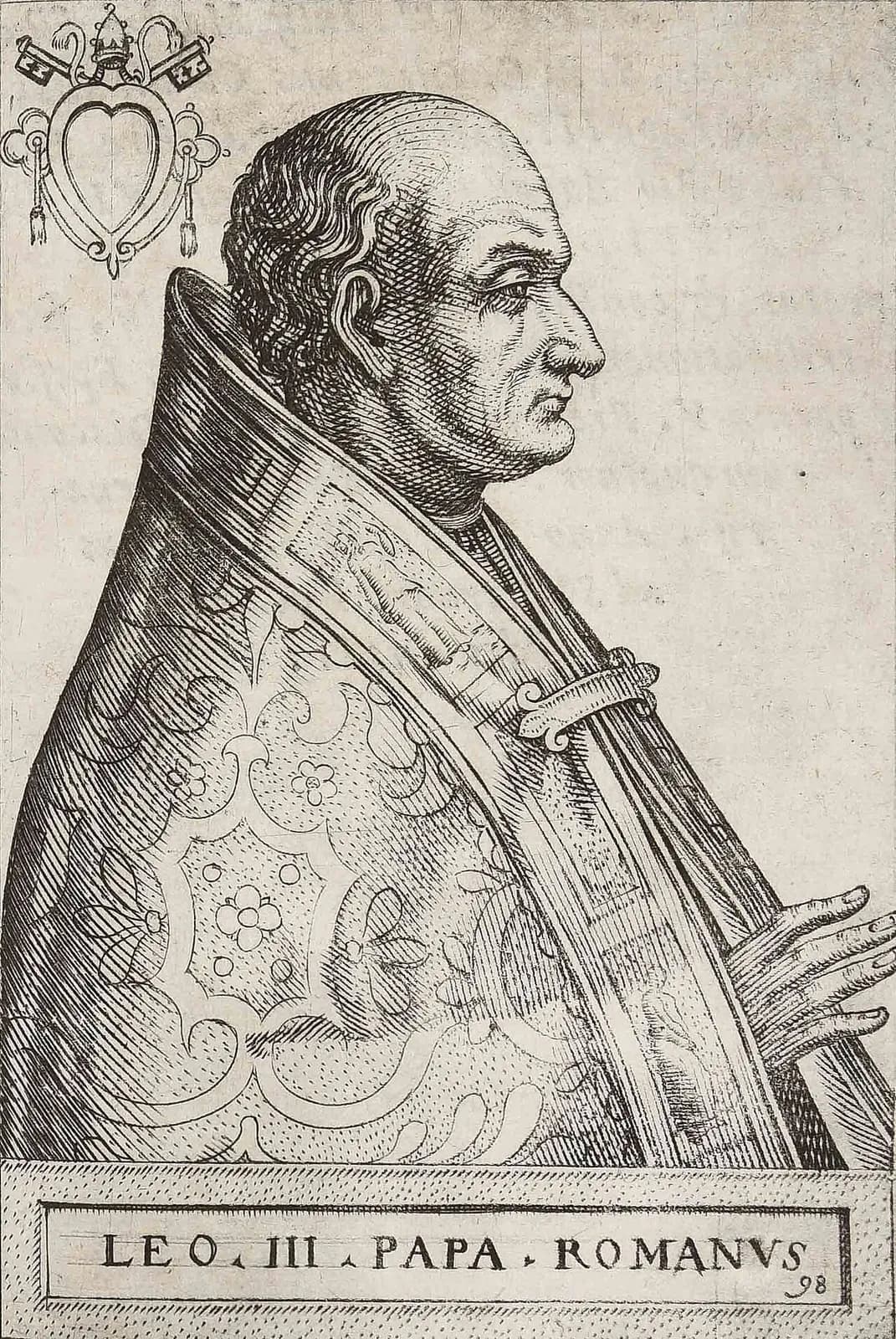 Sixteenth-century engraving of a bald, heavy-featured pope in profile facing right, wearing an ornate cope fastened with a clasp, one hand raised, with the papal keys and tiara above an empty shield in the corner and the inscription LEO III PAPA ROMANUS below