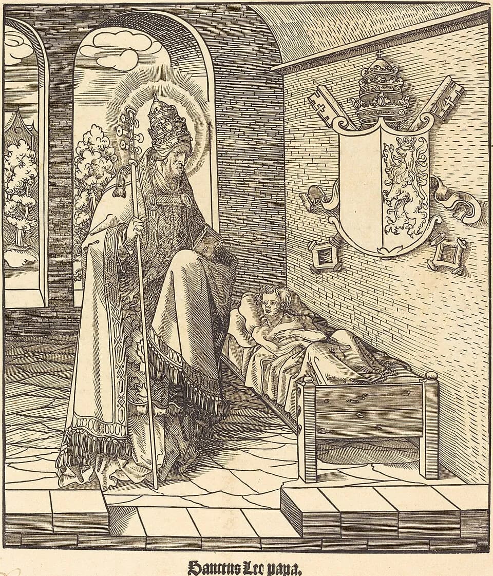 A woodcut of Pope Leo IX in the triple tiara and a long fringed cope, holding a book and a papal cross, standing beside a bed in which a boy lies awake, with a coat of arms bearing a lion on the wall above; the caption reads "Sanctus Leo papa"