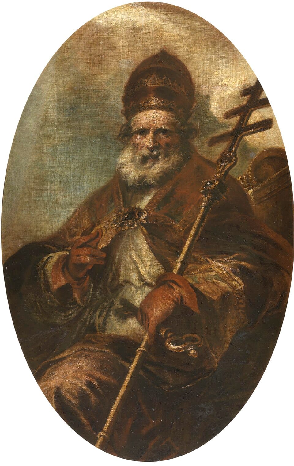 An oval portrait of Pope Saint Leo the Great in a papal tiara, holding a triple cross and seated beside the keys, painted by Francisco Herrera the Younger