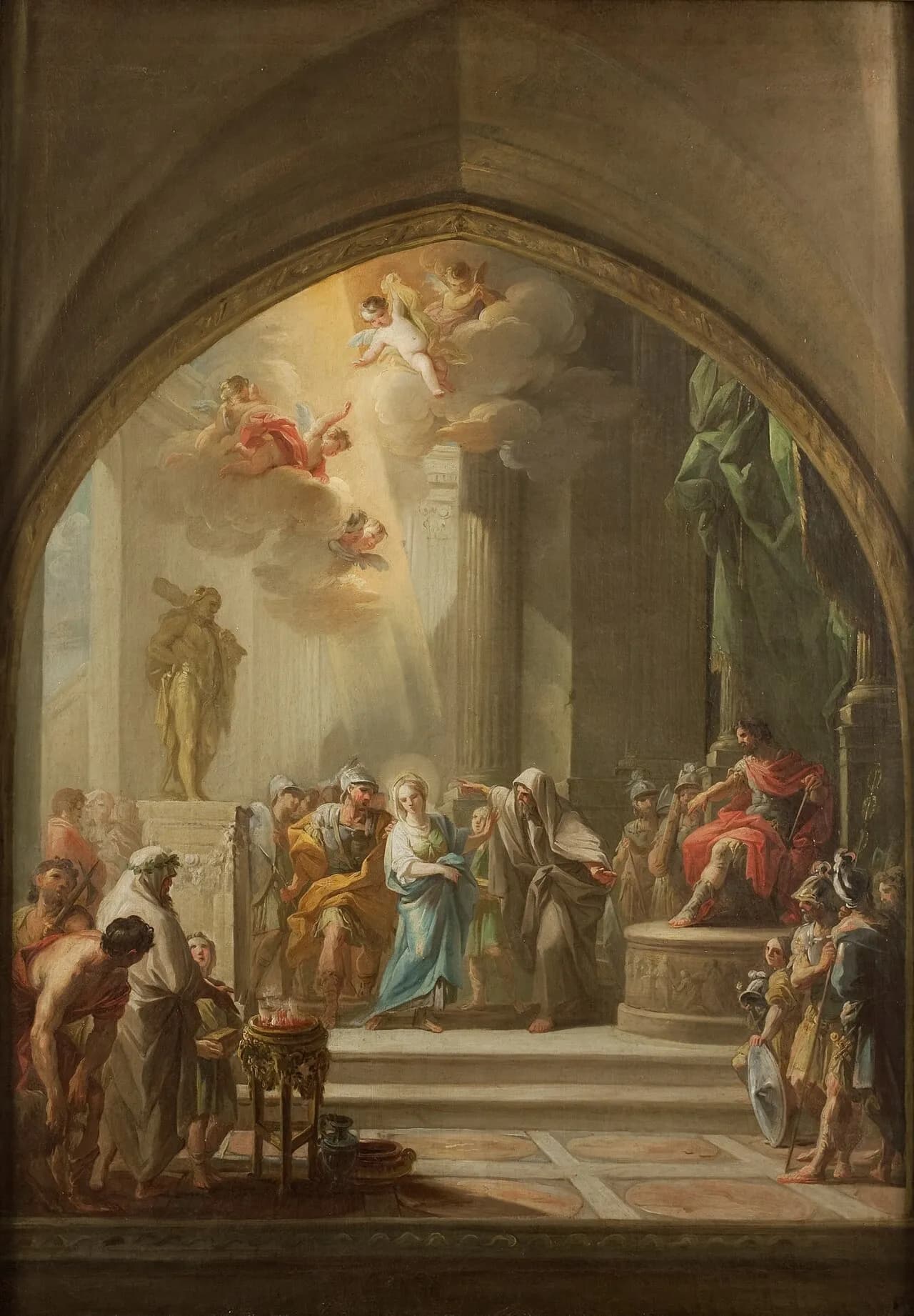 Eighteenth-century oil sketch, framed by a pointed arch, of a young woman in a white veil and blue mantle led by soldiers and an old man before a Roman magistrate in red on a raised throne, with a gilded pagan statue and a smoking altar at left and cherubs descending in a shaft of light