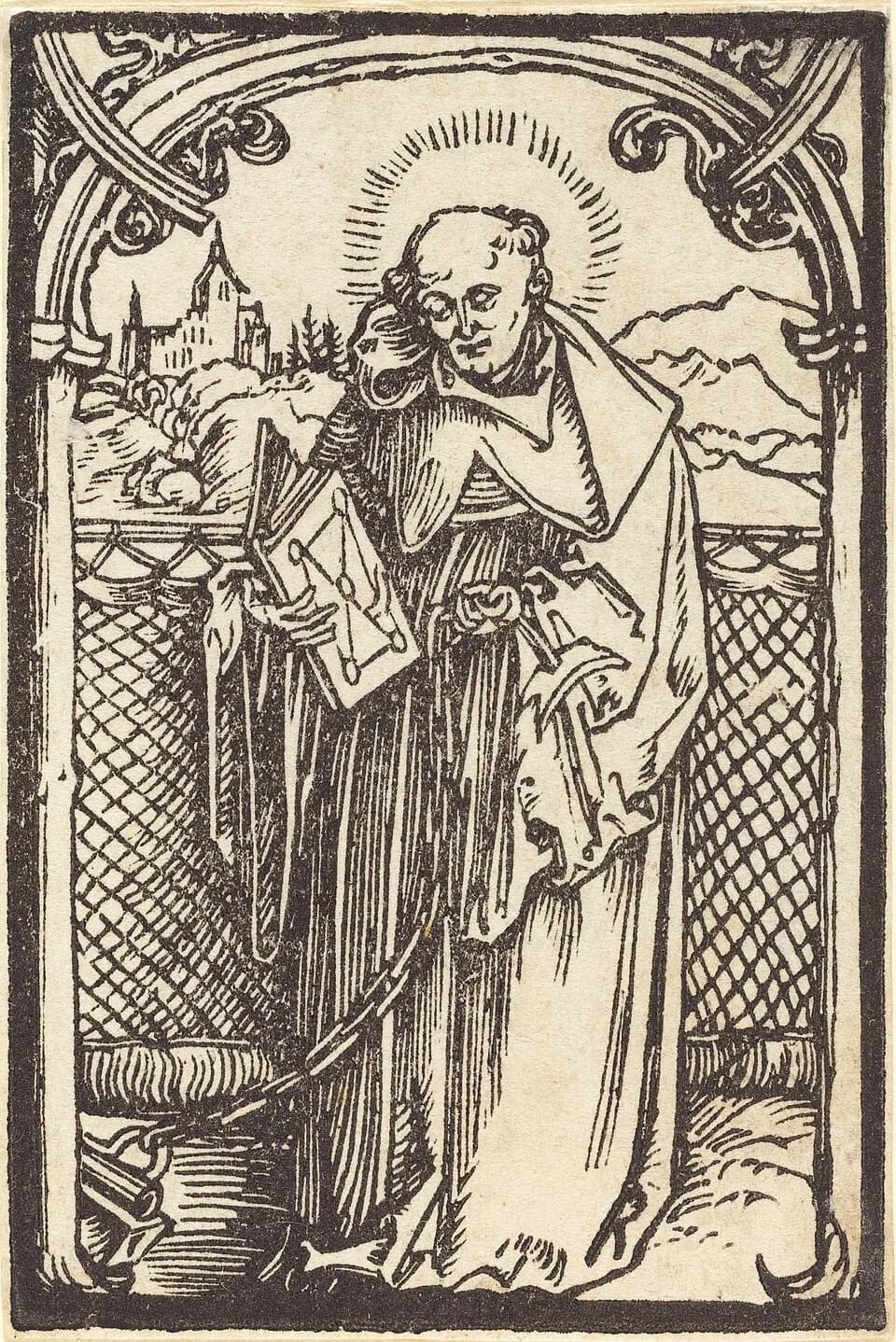 A woodcut of a tonsured monk with a halo, holding a book in one hand, with a chain and an open fetter hanging down beside his feet