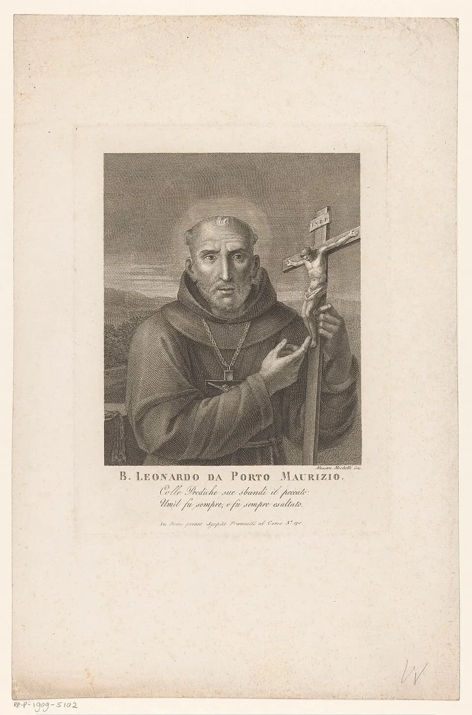 Engraved half-length portrait of Leonard of Port Maurice as an elderly bearded Franciscan friar in a hooded habit, holding a large crucifix, with a small crucifix on a chain at his chest and an inscription beneath