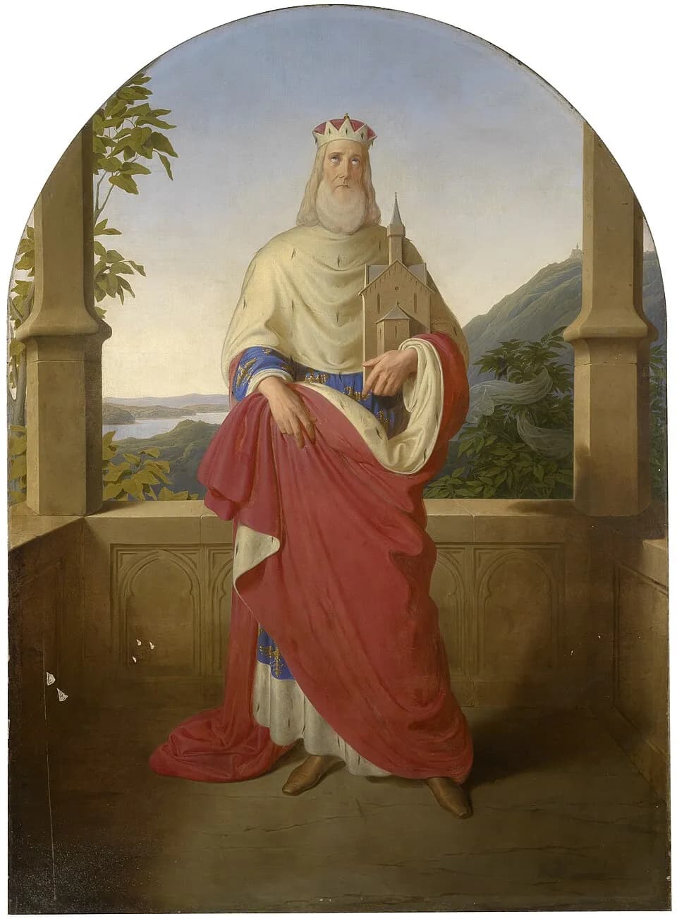Painting of an old white-bearded ruler in a ducal hat, ermine cape and long red mantle, standing on a stone balcony above the Danube and holding a model of a church, with a white veil caught in a bush behind him